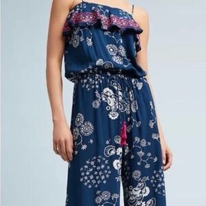 RAGA (Anthropology)Blue and White Floral Wide Leg jumpsuit NWOT